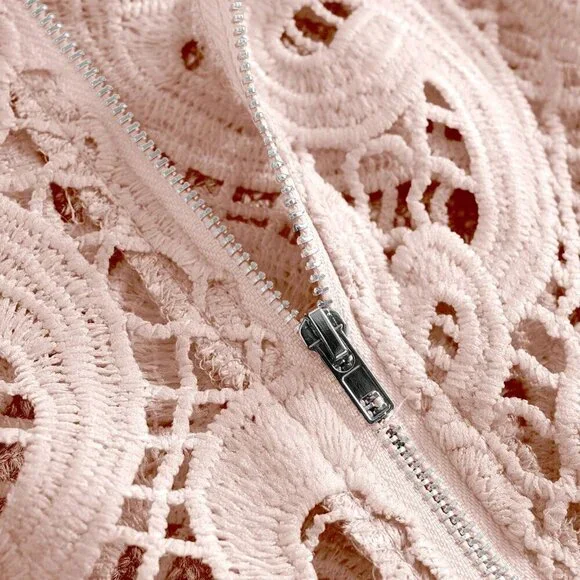 Baby Pink Elegant Women's Floral Lace Zipper Front Lantern Sleeve Blouse - Picture 6 of 6